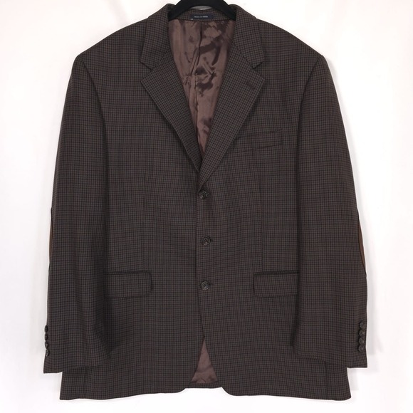 RALPH LAUREN Sport Coat Blazer 44 PURE NEW WOOL WOOLMARK Brown Plaid Elbow Patch - Picture 1 of 11